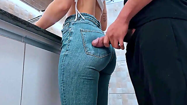 Big Cock cum on maid's perfect as in kitchen