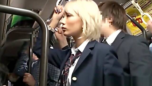 Japanese blonde AIKA in a public bus and in a public toilet