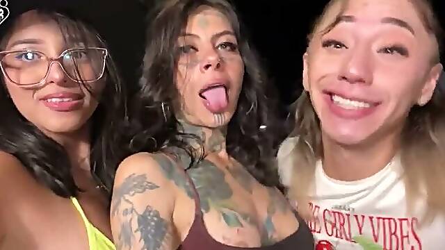 Cowgirl Hilary sneaks away from the stream to fuck behind her friends backs.