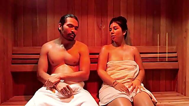 Large-butted woman caught in sauna