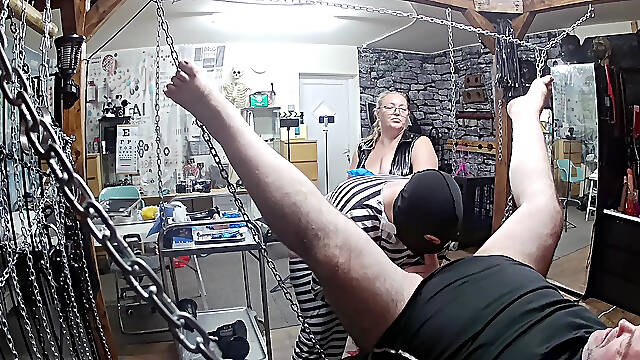 Part 2:- Lanista Bear &amp; Domina Satana takes Well-Hung in the dungeon for the first time.