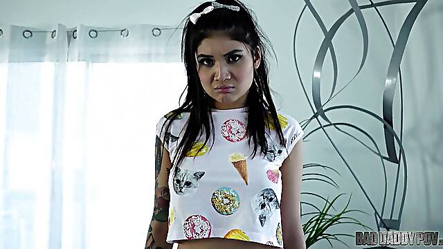 Tattooed Brenna Sparks gets sprayed on her belly from stepdaddy